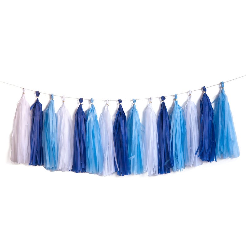 Capesaro Blue Tassel Garland,Tissue Tassel Banner for Baby Showe Boy Party Decorations,Pack of 15 - Image 1